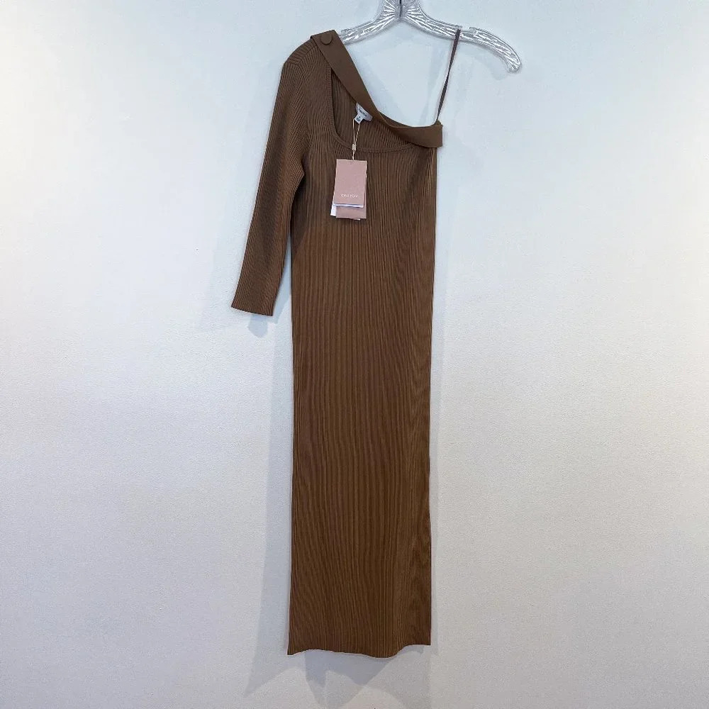 Oroton Tan One Sleeve Asymmetric Knit Stretchy Designer Midi Dress Medium Nwt — image 2 of 8